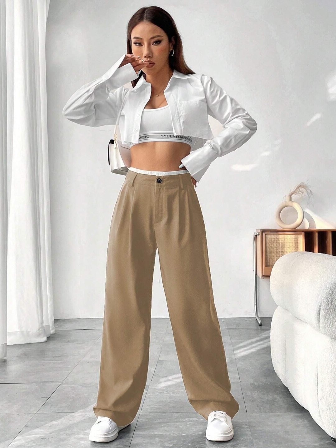 

FNOCKS Women Classic High-Rise Trousers, Beige