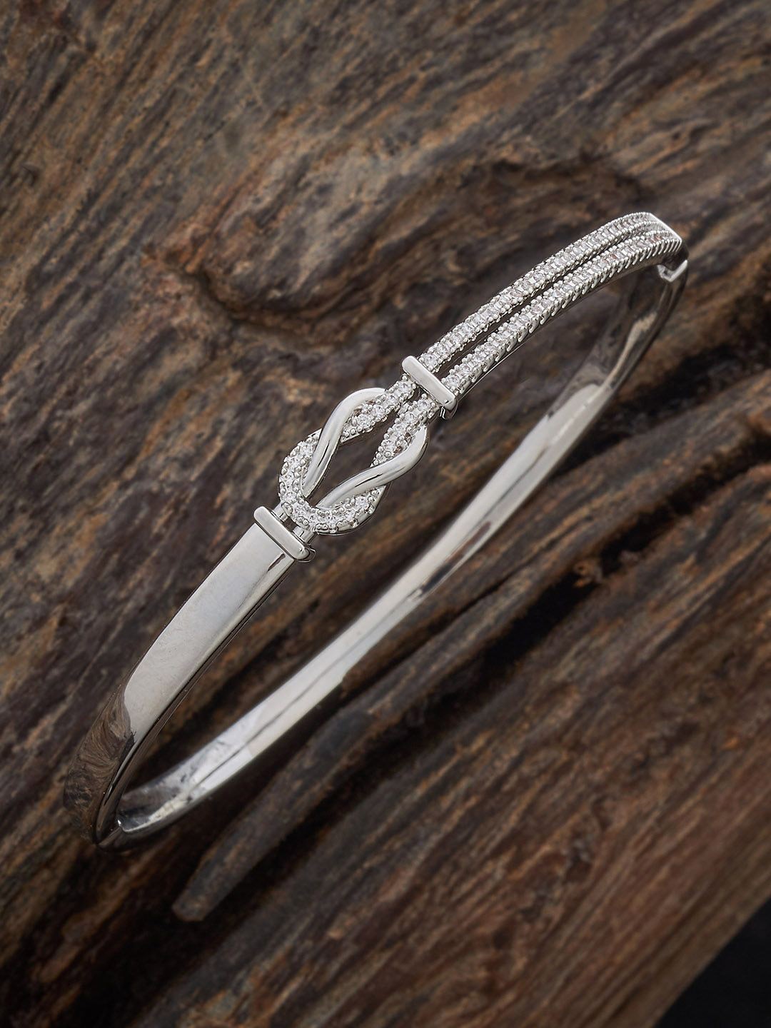 

Kushal's Fashion Jewellery Rhodium-Plated Zircon-Studded Kada Style Bracelet, Silver