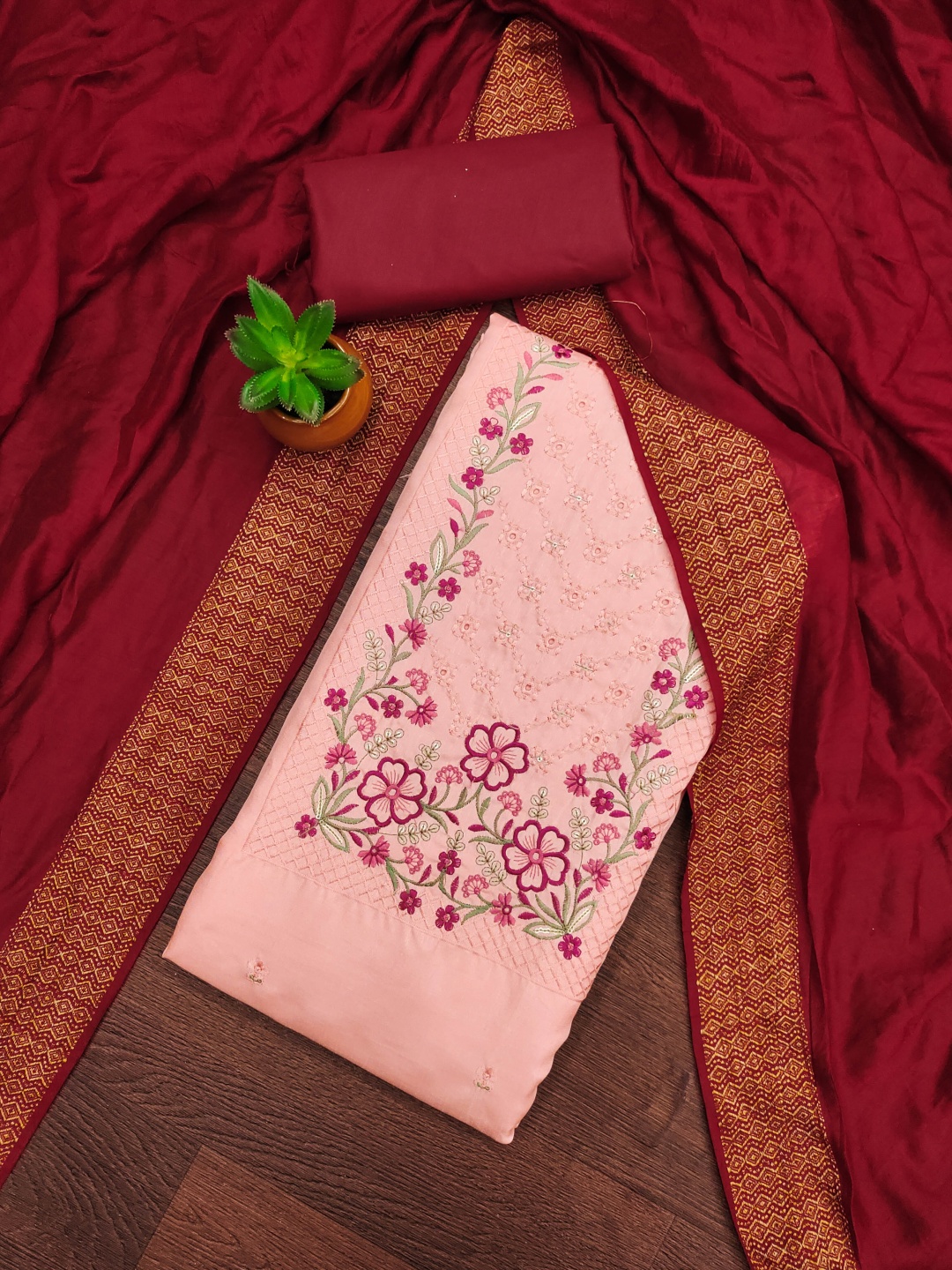

HERE&NOW Floral Embroidered Zora Silk Cotton Sequinned Unstitched Dress Material, Peach