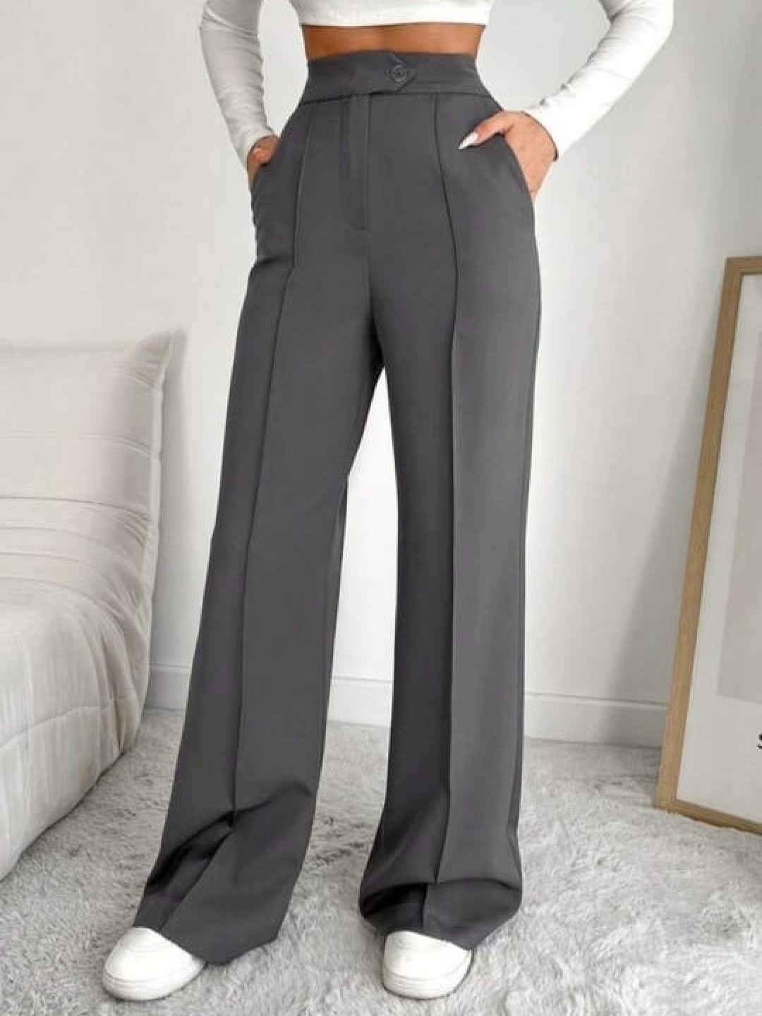 

BROADSTAR Women Smart Straight Fit High-Rise Easy Wash Pleated Trousers, Grey