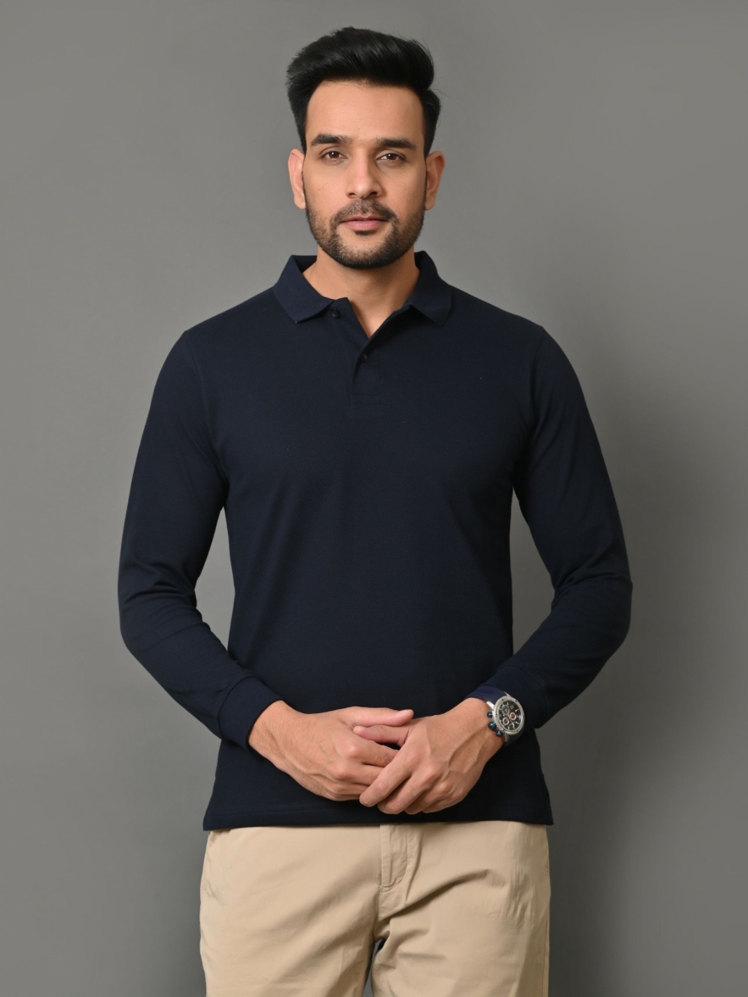 

ARBOUR Men Solid Polo Collar Cotton Slim Fit T-shirt, Navy blue