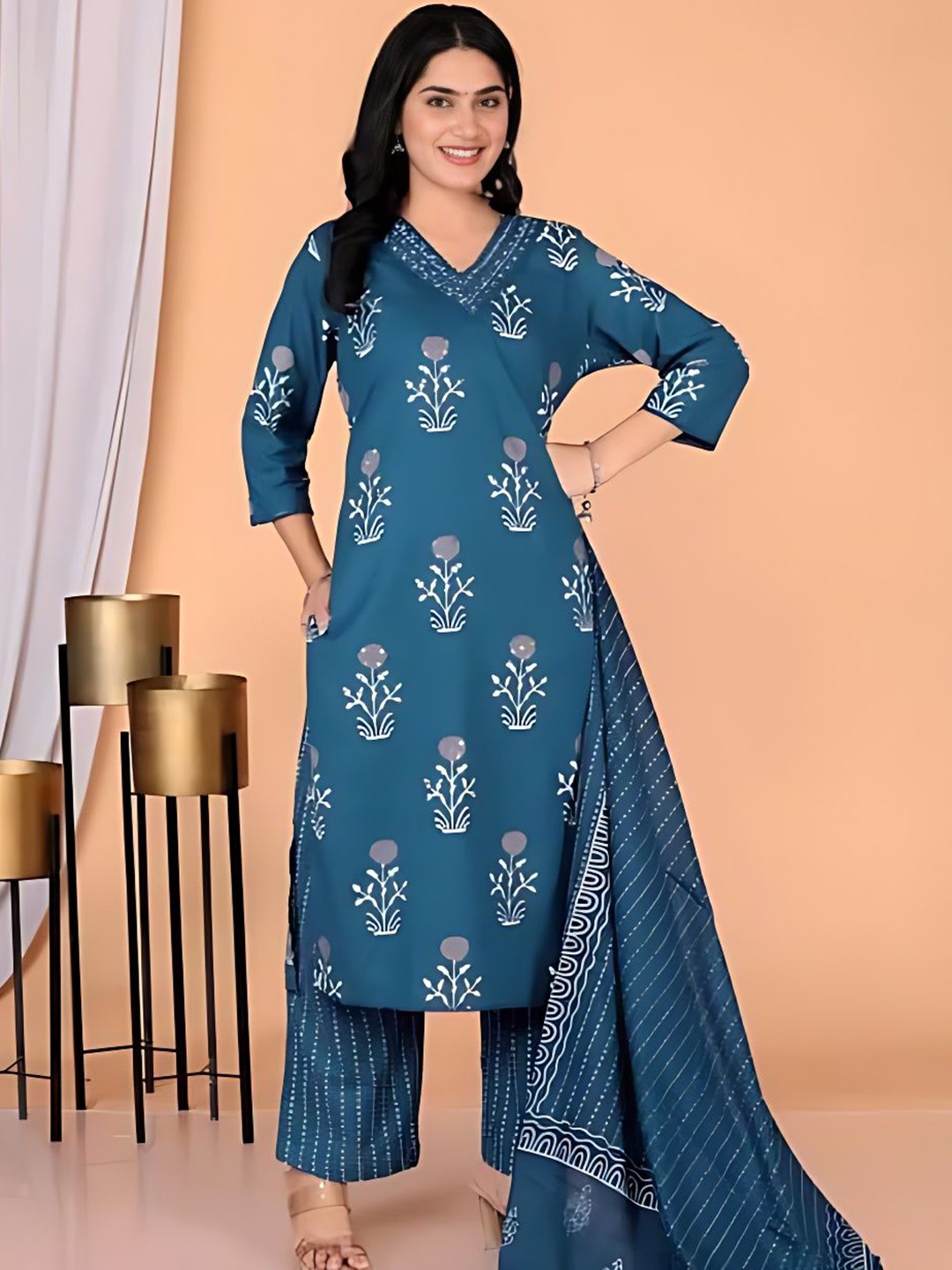 

KALINI Floral Printed V-Neck Pure Cotton Kurta With Palazzo And Dupatta, Teal