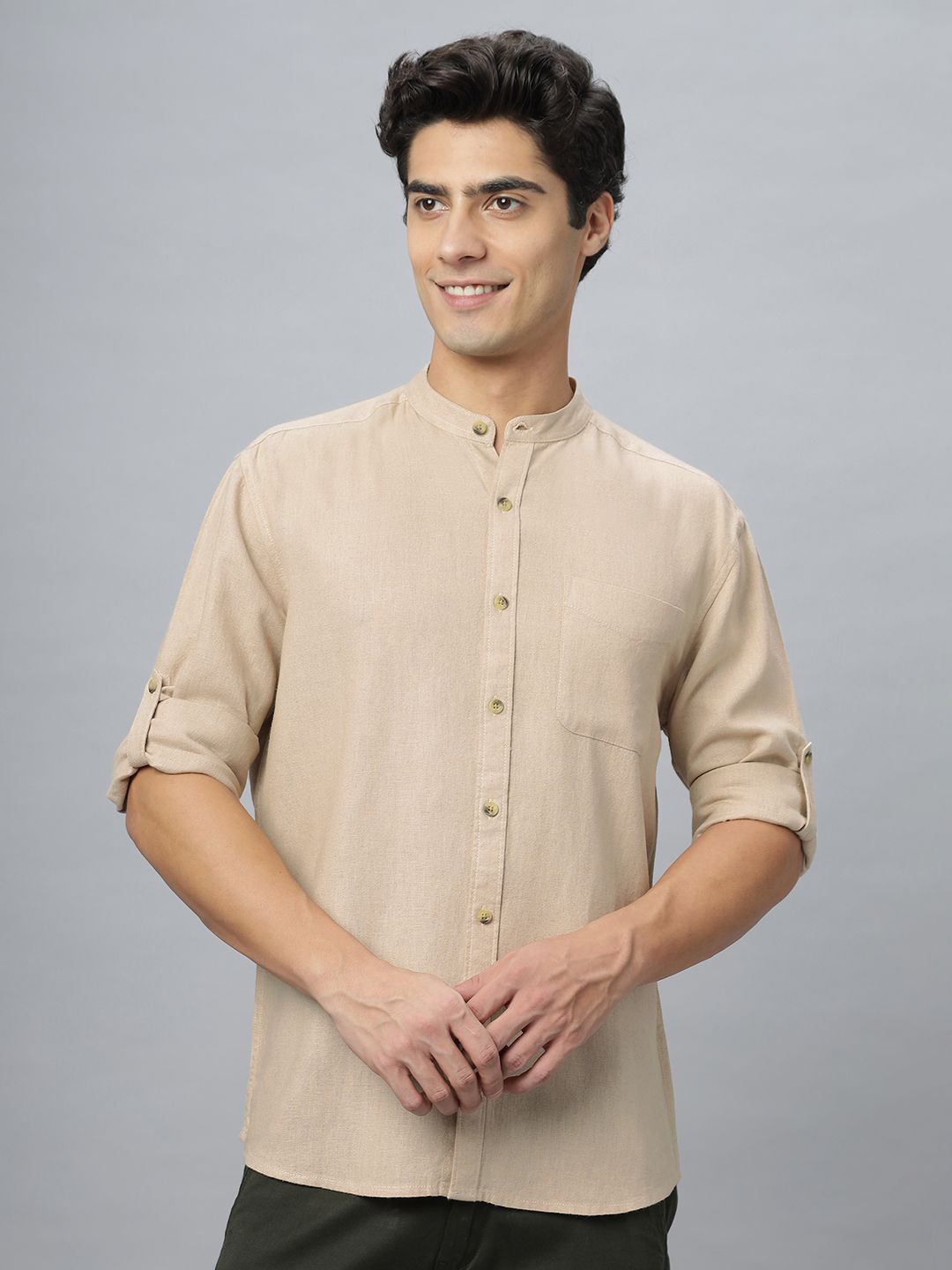 

NEON CHILLIE Men Regular Fit Band Collar Solid Cotton Casual Shirt, Beige