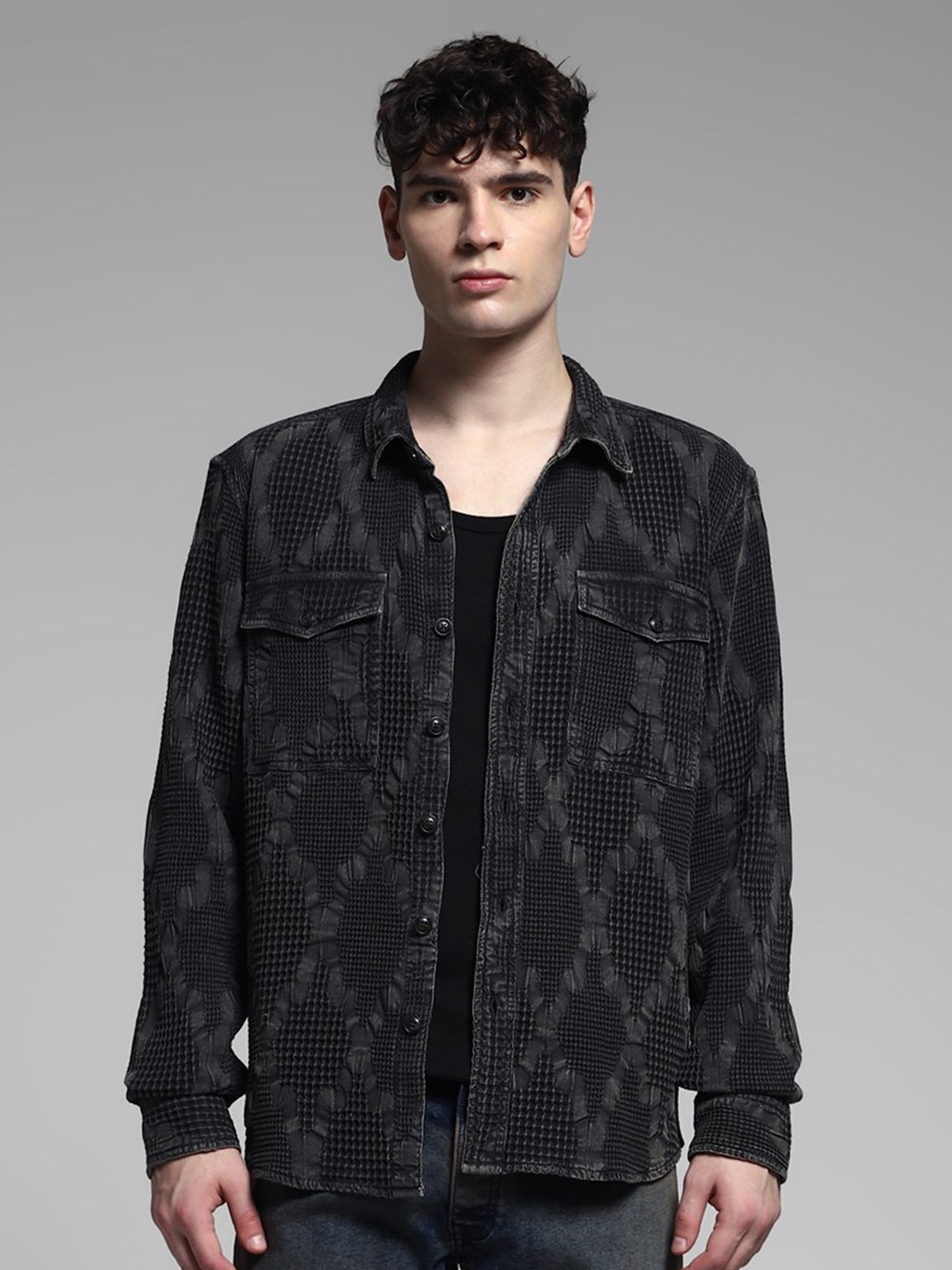 

Jack & Jones Men Oversized Spread Collar Textured Cotton Shacket, Charcoal