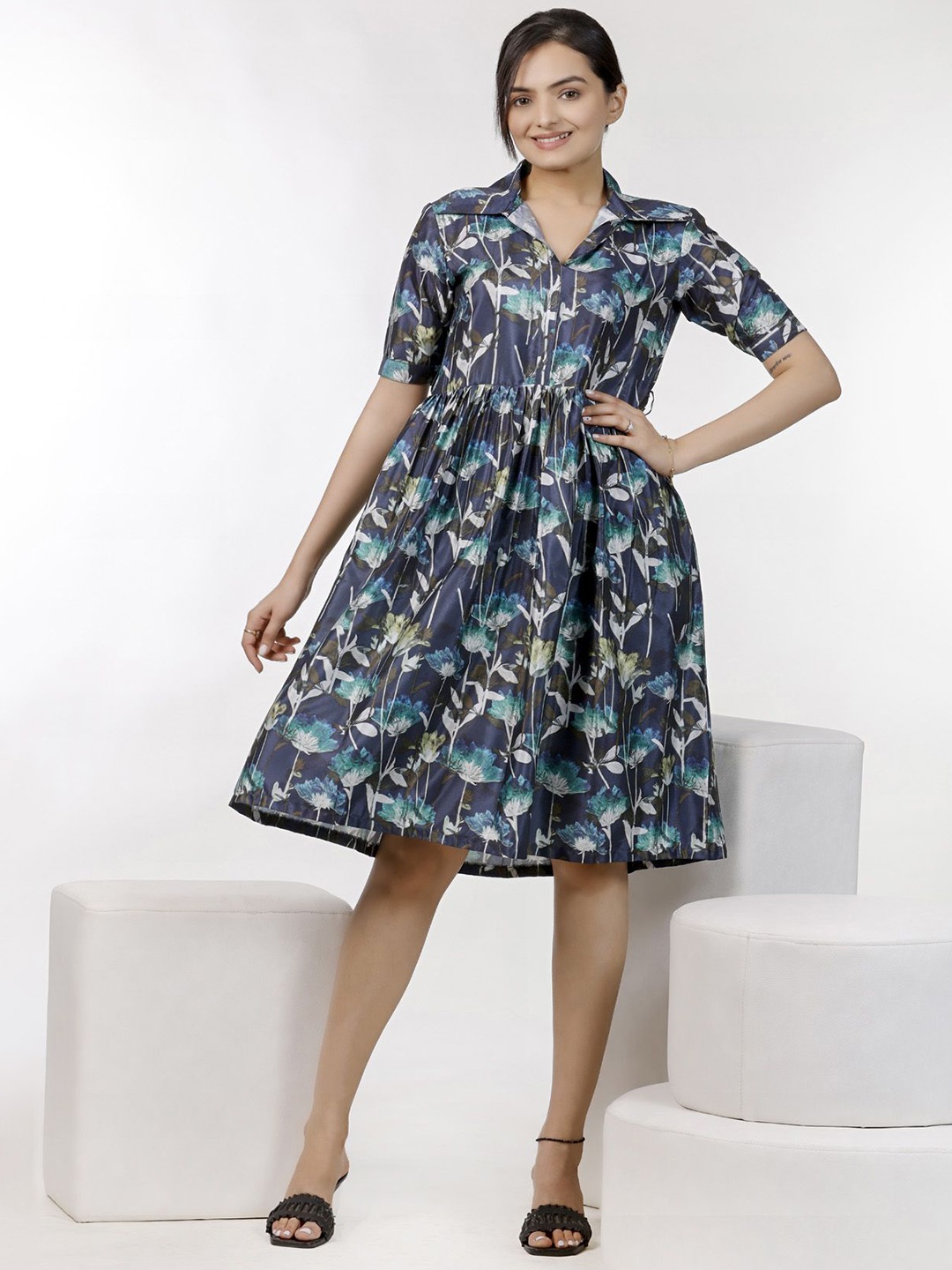 

aaRVee STUDIO Floral Print Satin Shirt Dress, Blue