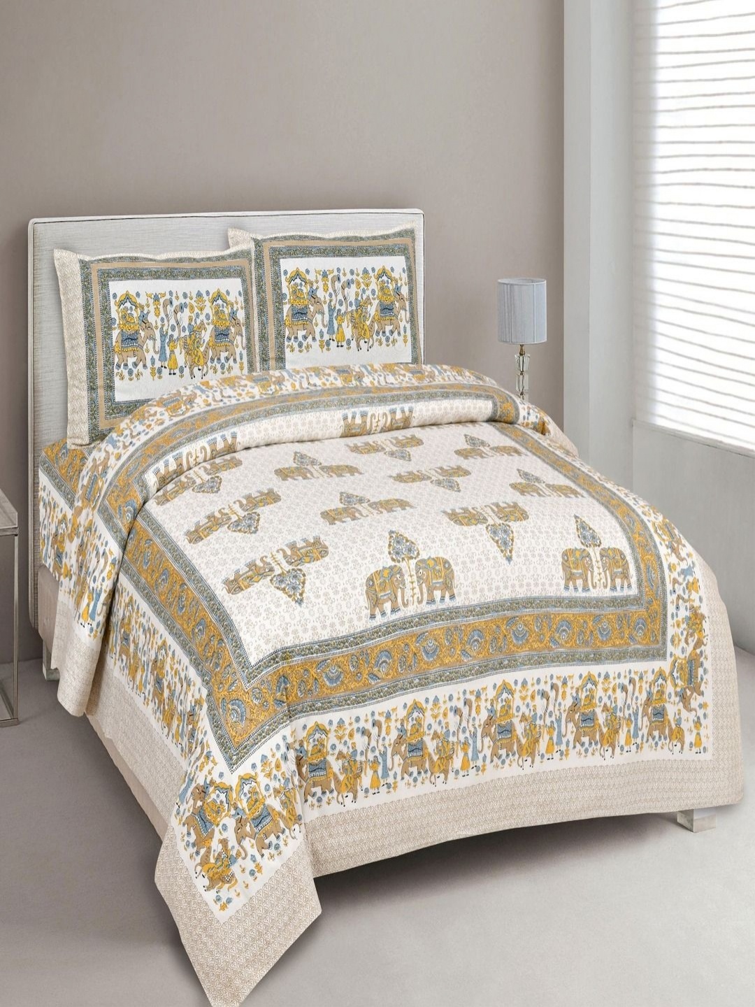 

Myntra Elegant Homes Yellow Ethnic Motifs Printed 180 TC King Bedsheet Set 2.74 m x 2.54 m