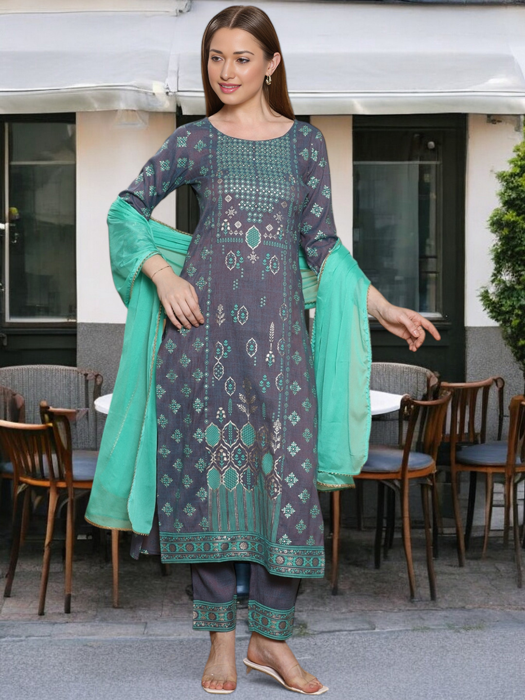 

True Shape Floral Printed Round Neck Cotton Straight Kurta With Trouser & Dupatta, Grey melange