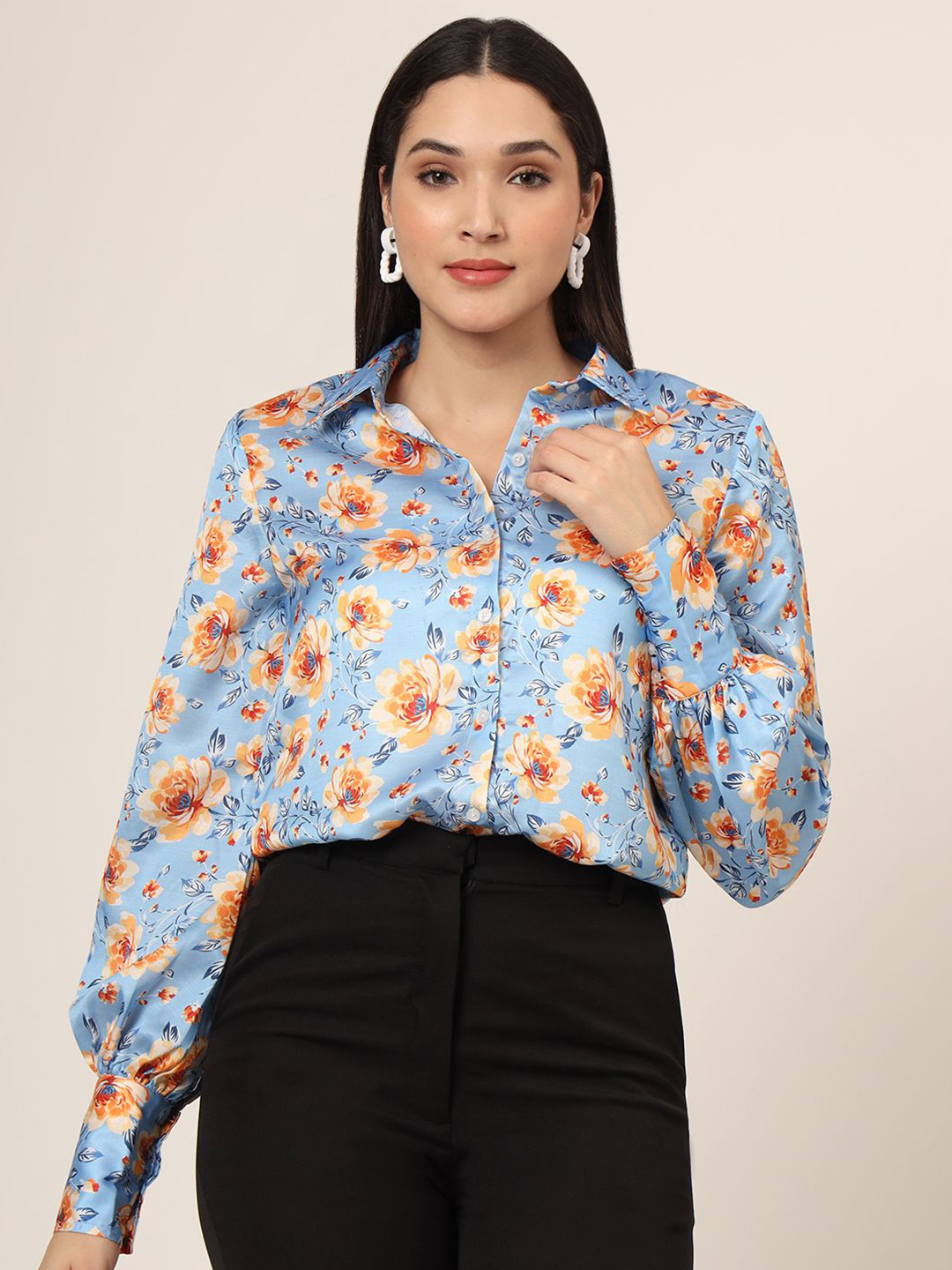 

AMSWAN Women Comfort Fit Spread Collar Floral Printed Satin Casual Shirt, Blue