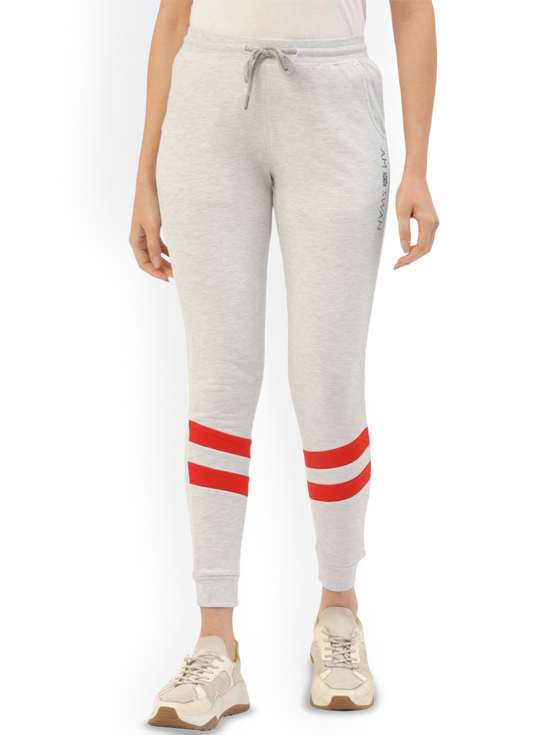 

AMSWAN Women Regular Fit Striped Cotton Mid Rise Joggers, Grey