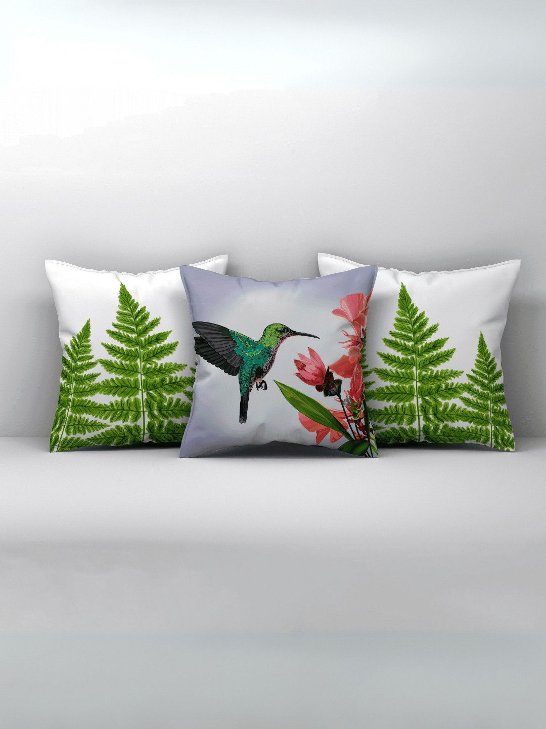 

LUSHLYF White & Green 3 Pieces Floral Printed Velvet Square Cushion Covers
