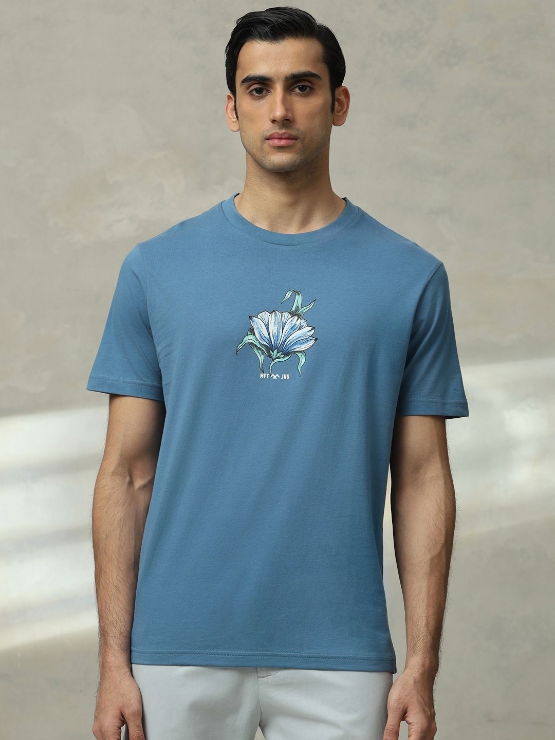 

Mufti Men Floral Printed Round Neck Cotton Slim Fit T-shirt, Blue
