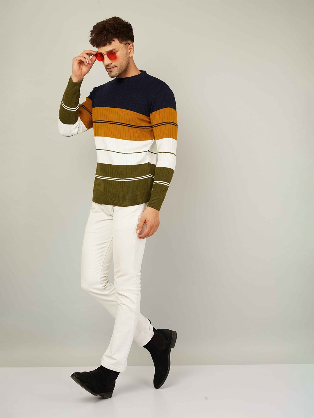 

Kveto style redefined Men Striped Pullover, Olive