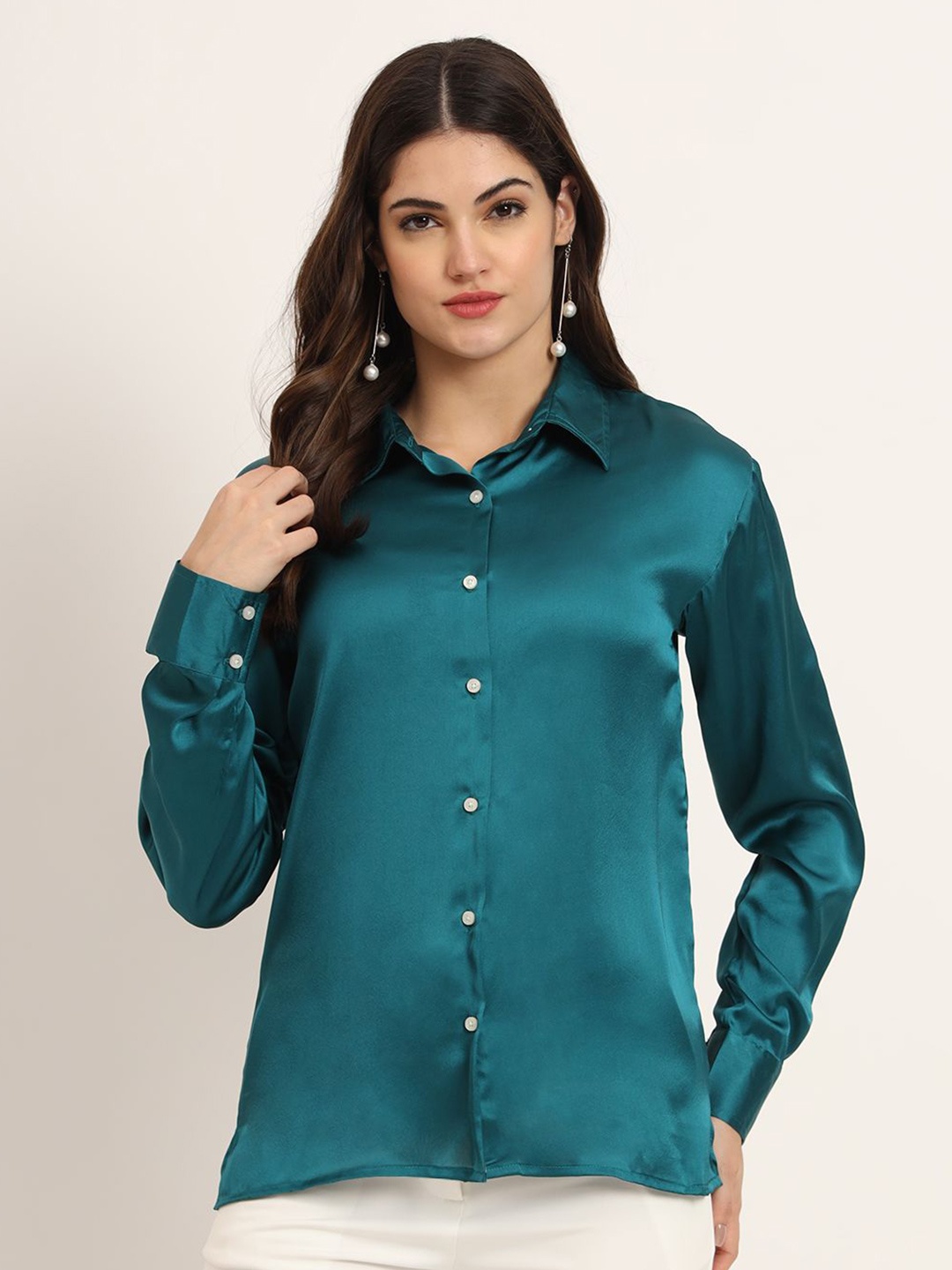 

AMSWAN Women Comfort Fit Spread Collar Solid Satin Casual Shirt, Teal