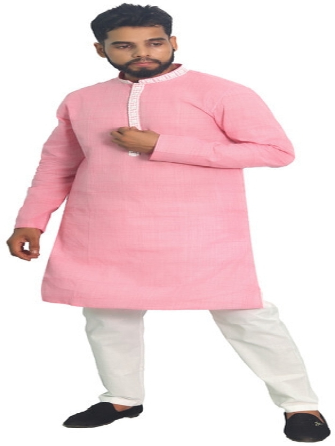 

House of Aqss Mandarin Collar Thread Work Pure Cotton Kurta with Pyjama, Pink