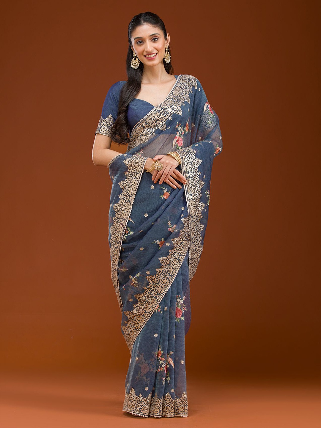 

Koskii Navy Blue Sequins Tissue Saree