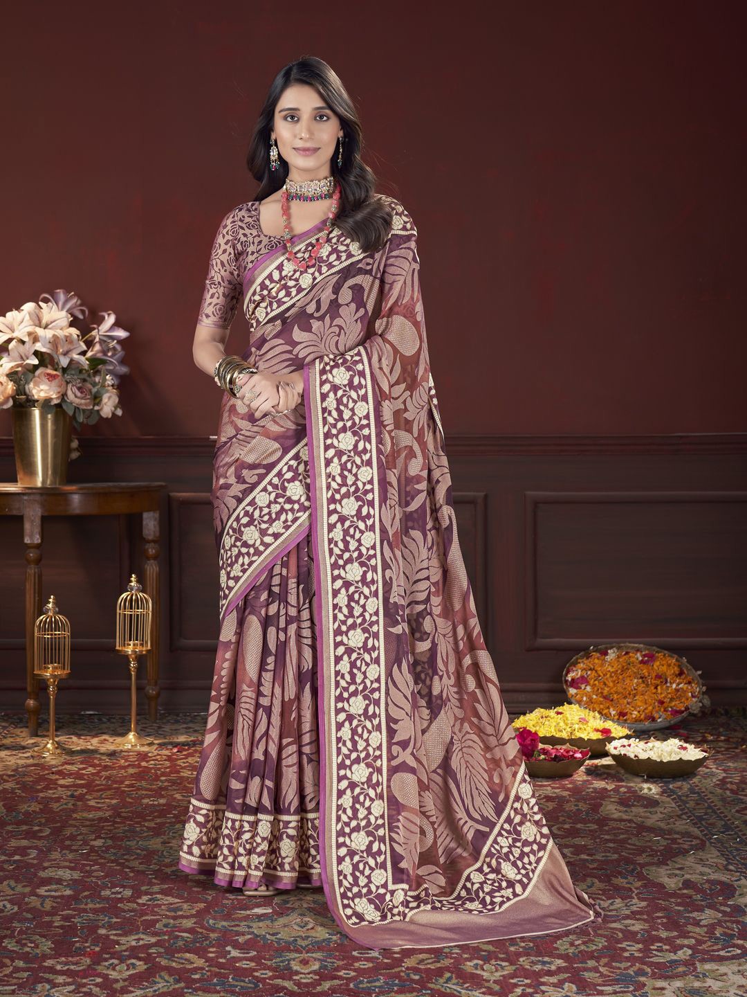 

Mitera Floral Zari Brasso Saree, Purple