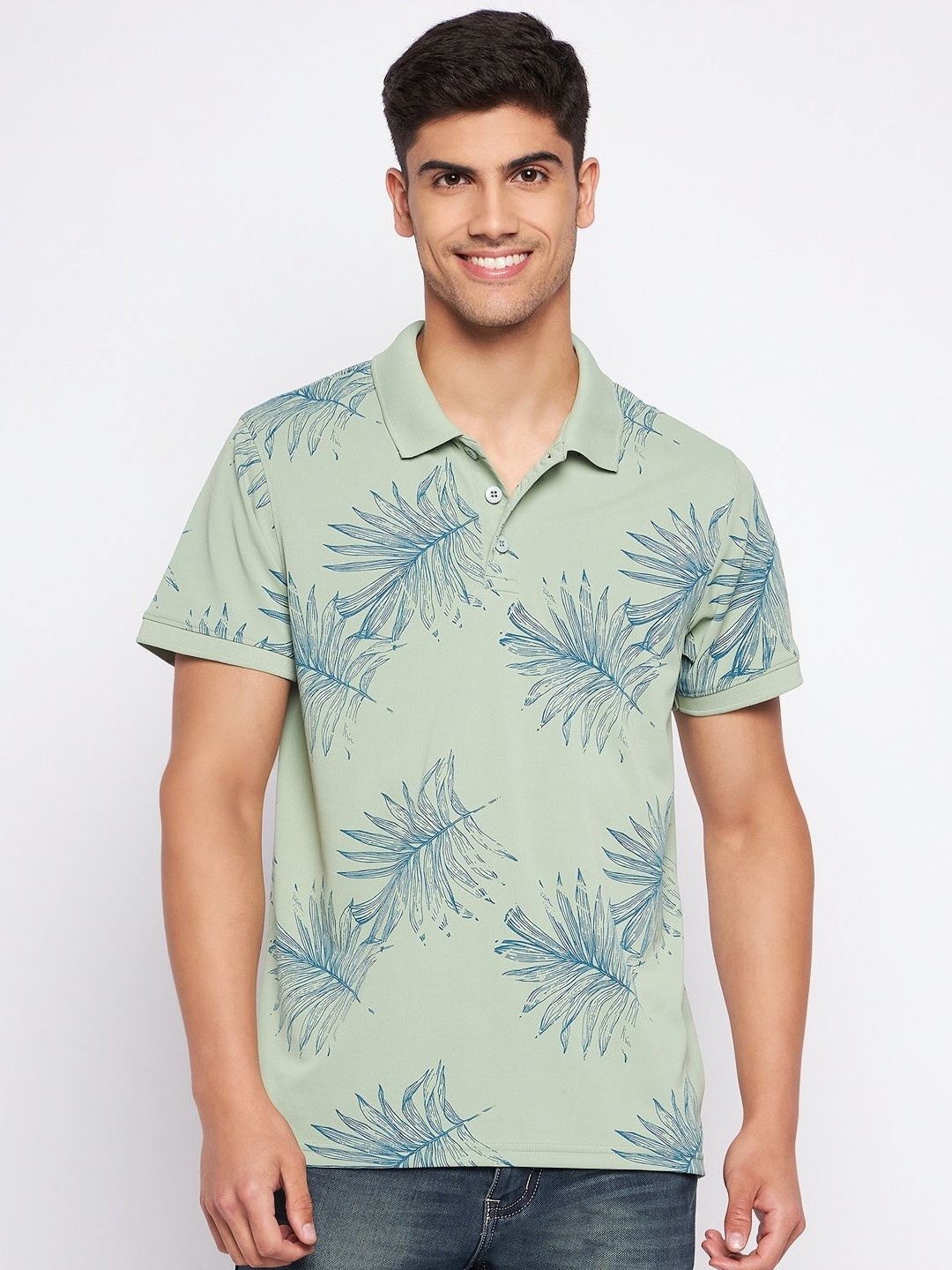 

AUXAMIS Men Printed Polo Collar Tropical Pockets T-shirt, Sea green