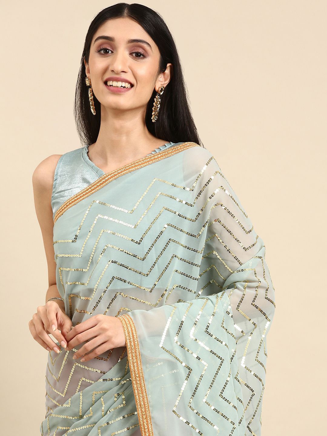 

HERE&NOW Embellished Sequinned Saree, Sea green