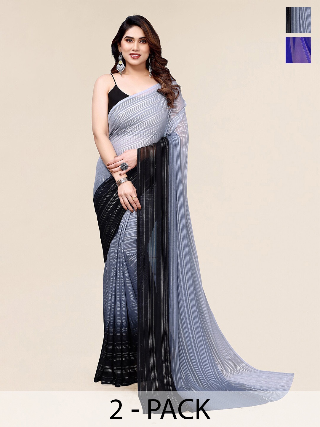 

Moda Rapido Pack Of 2 Striped Satin Saree, Grey