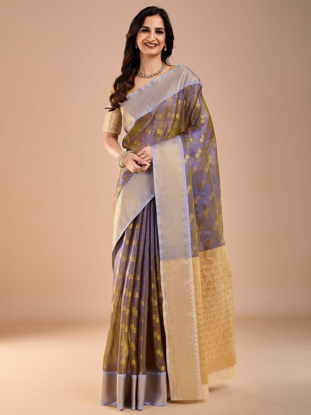 

Anouk Floral Zari Designer Banarasi Saree, Blue