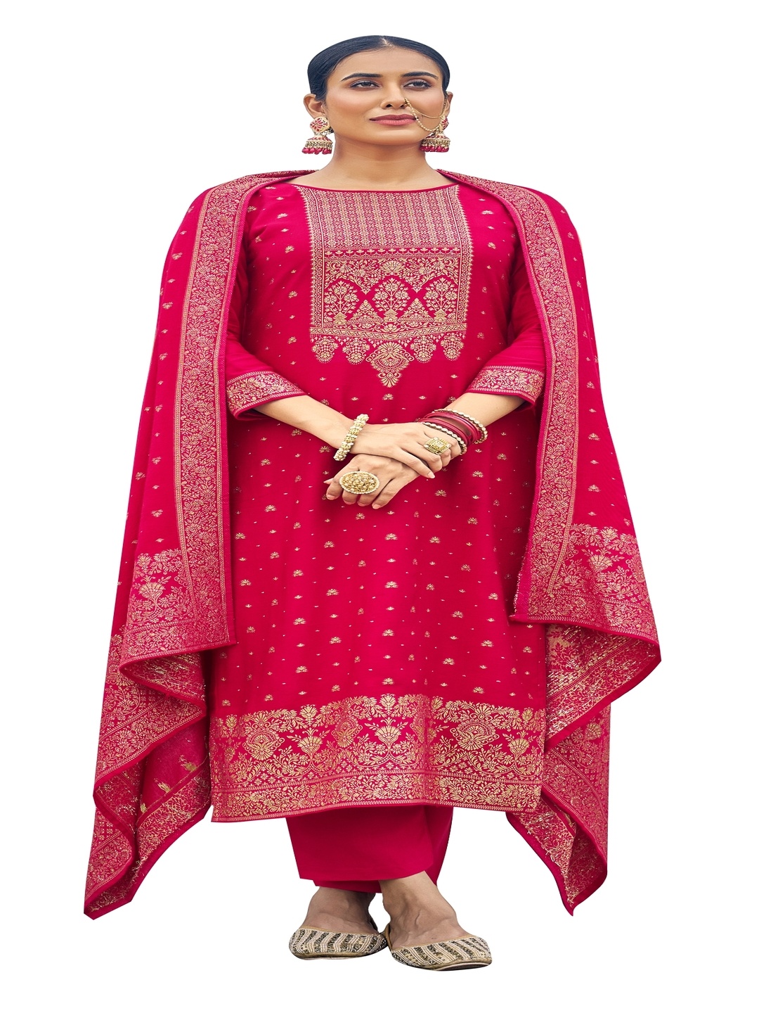 

DRAVINAM Trends Floral Printed Pashmina Unstitched Dress Material, Pink