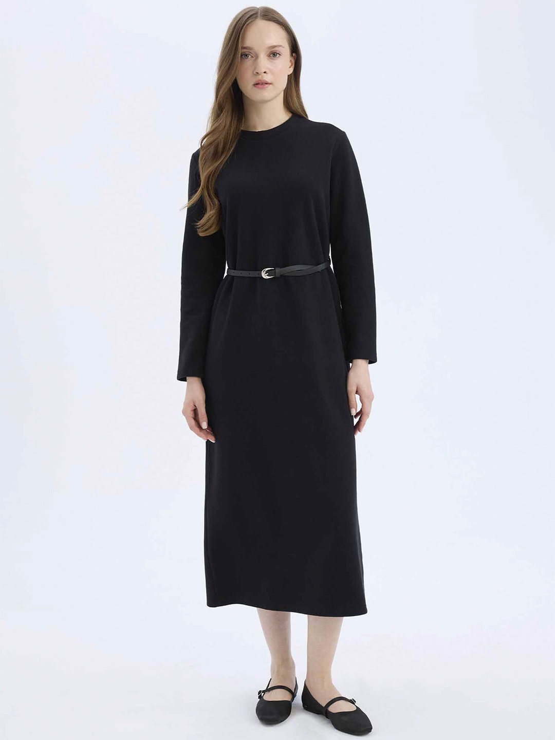 

DeFacto Women Round Neck A-Line Midi Dress, Black