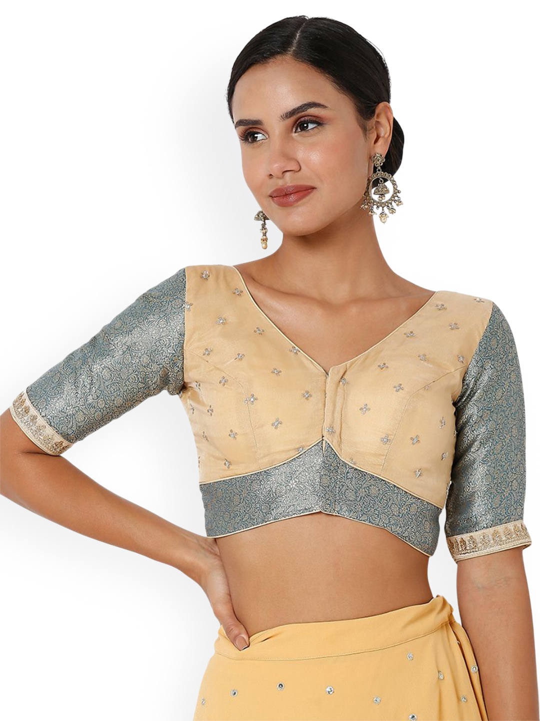 

Mmore Embroidered Organza Padded Saree Blouse, Beige