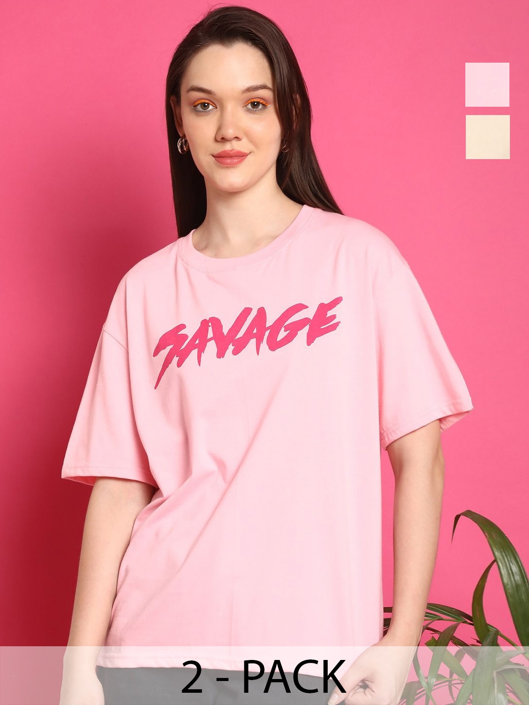 

Metronaut Women Pack Of 2 Garfiled Graphic Printed Round Neck Cotton Oversized T-shirts, Pink
