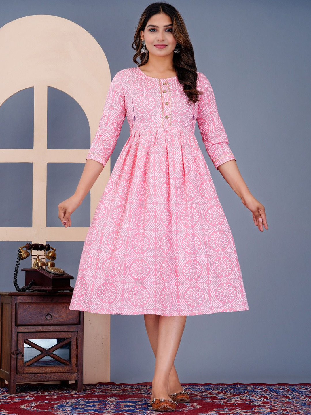 

clothonus Asha Bandhani Printed Fit & Flare Maternity Ethnic Dress, Peach