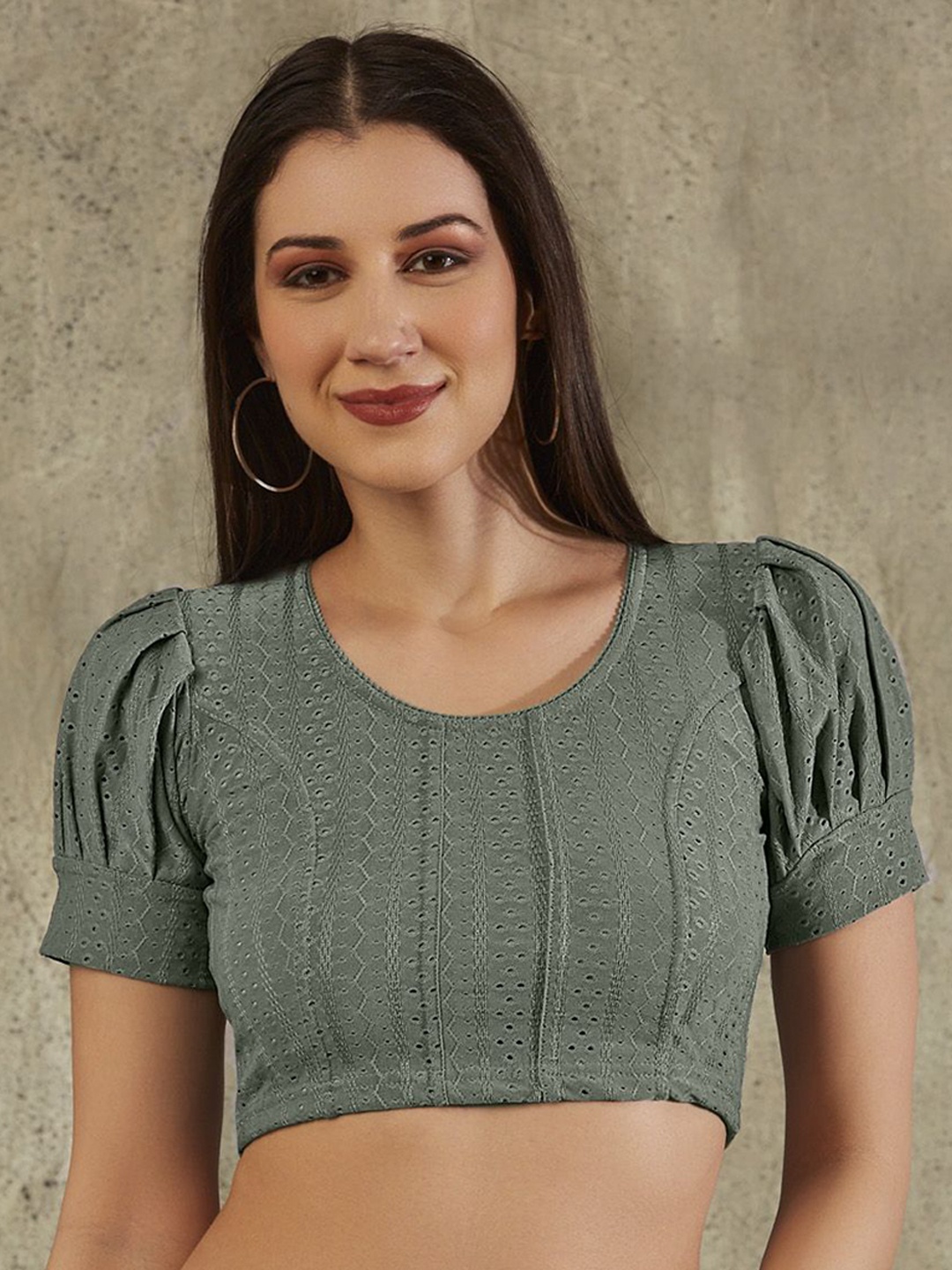 

Mmore Woven Design Short Sleeves Round Neck Strechable Saree Blouse, Olive