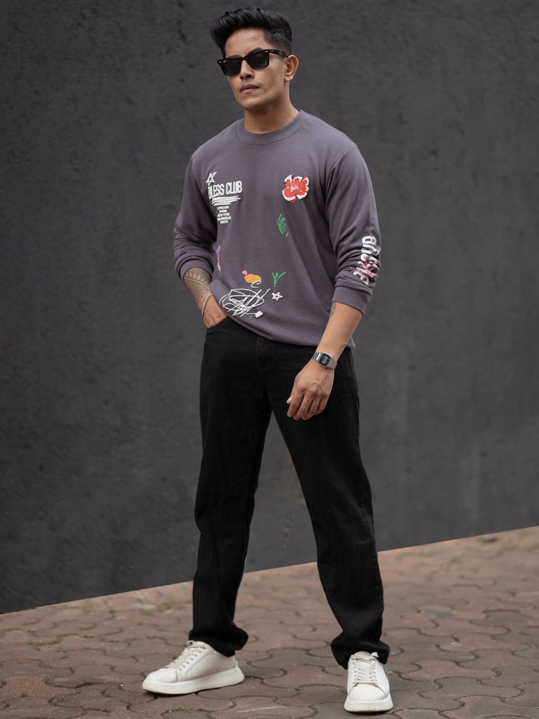 

Powerlook Men Typography Printed Round Neck Pullover Ribbed Sweatshirt, Grey
