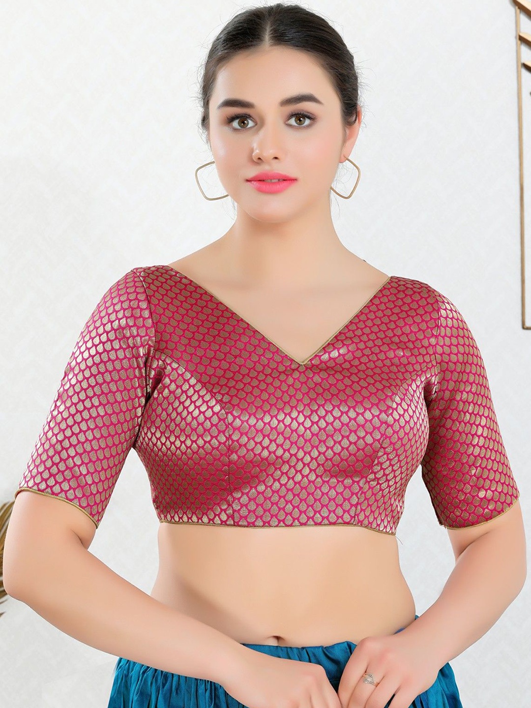 

Mmore Woven Design Saree Blouse, Pink