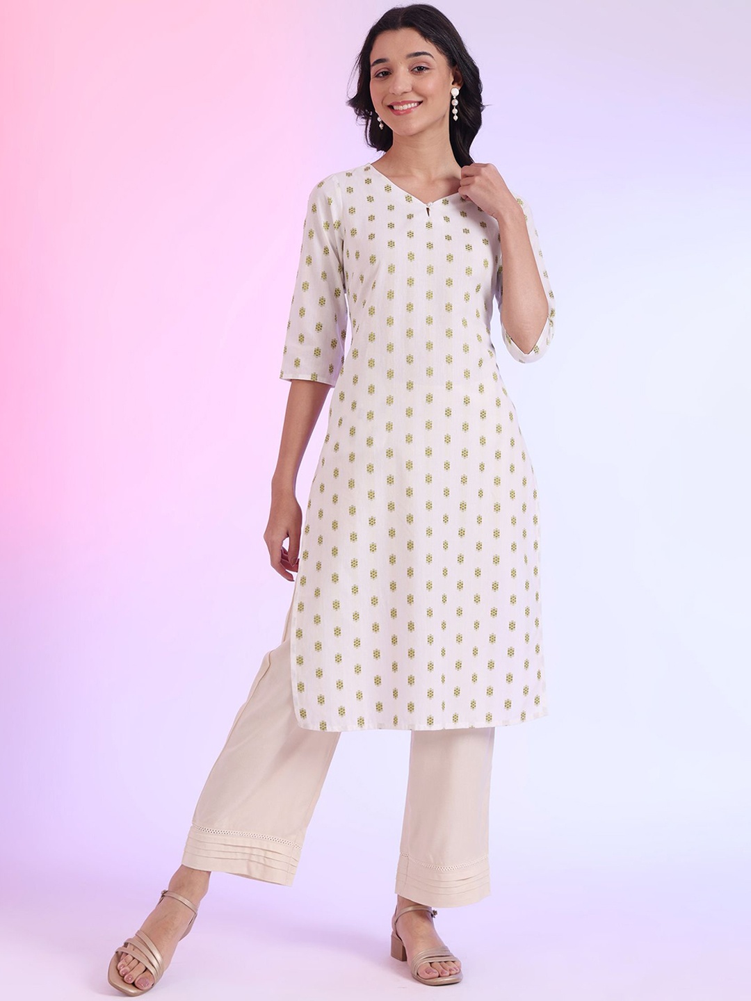 

AURELIA Geometric Woven Design Keyhole Neck Straight Kurta, Off white