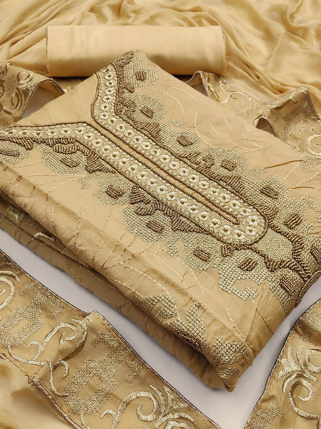 

HERE&NOW Geometric Beads And Stones Unstitched Dress Material, Beige