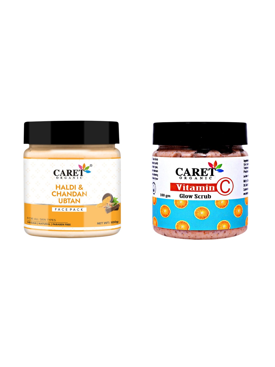 

CARET ORGANIC Set Of 2 Haldi & Chandan Face Pack & Vitamin C Glow Scrub - 100 g Each, Multi