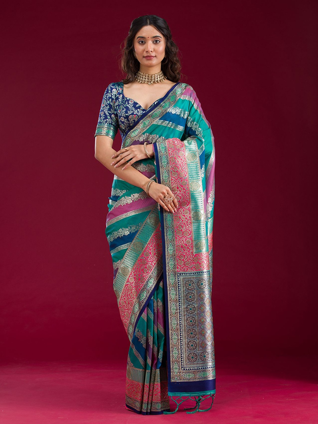 

Koskii Royal Blue Embellished/Sequined Raw Silk Saree