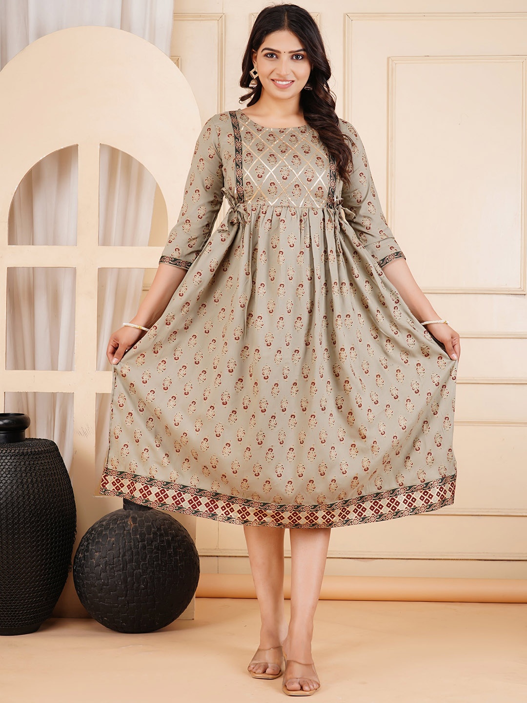 

clothonus Asha Floral Printed Round Neck Gotta Patti Fit & Flare Maternity Ethnic Dress, Grey