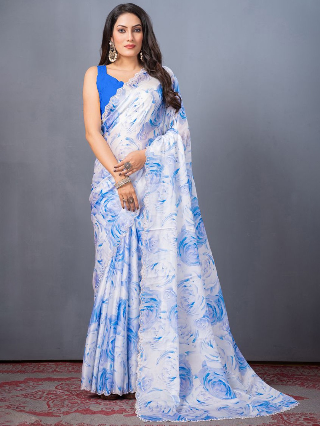 

KAJREE Floral Beads and Stones Satin Block Print Saree, Blue