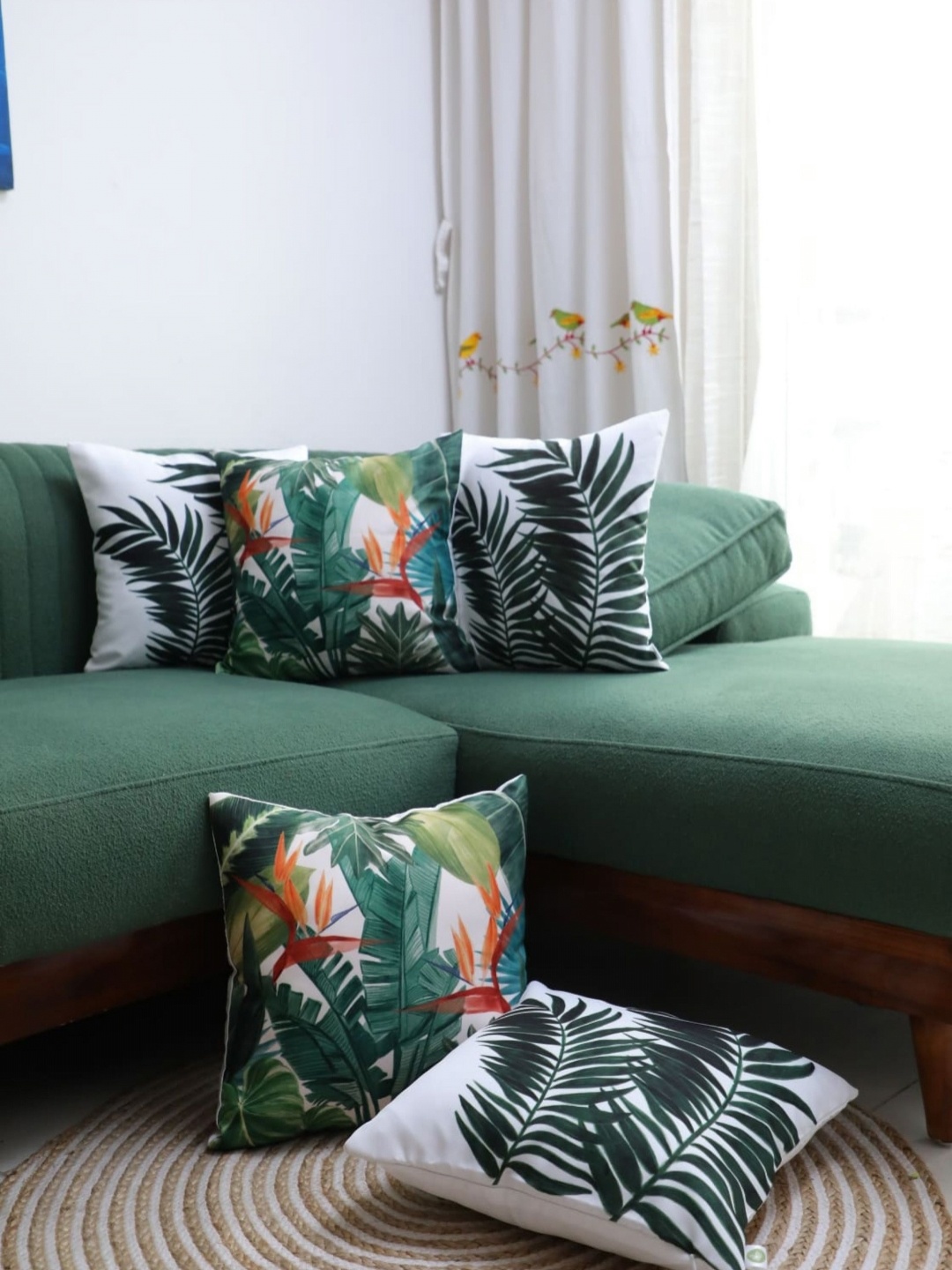 

LUSHLYF Green 5 Pcs Bird Of Paradise Night & Flowing Palm Printed Velvet Cushion Covers, White