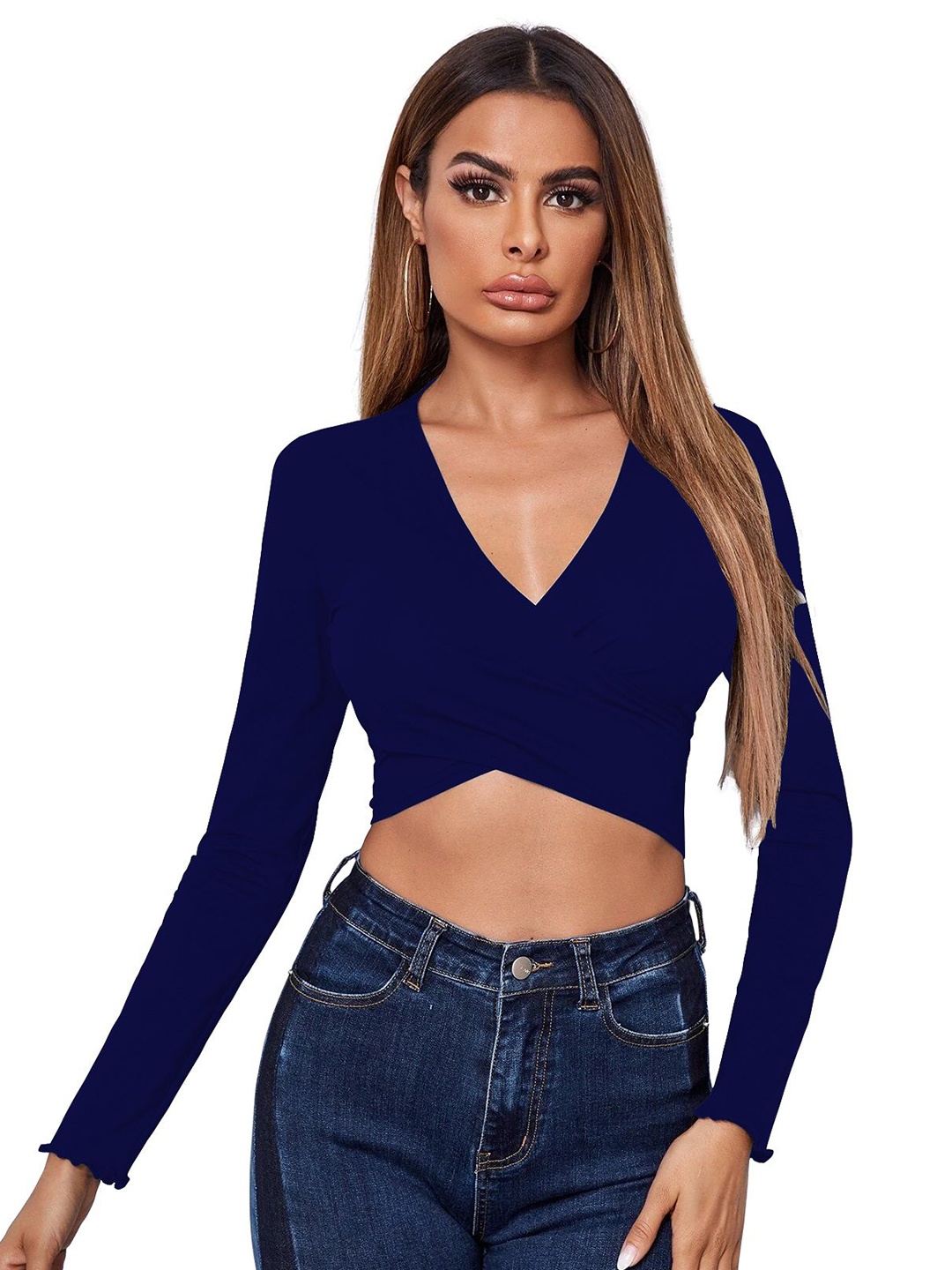 

AVANOVA Sheen Wrap V Neck Regular Sleeves Crop Top, Navy blue