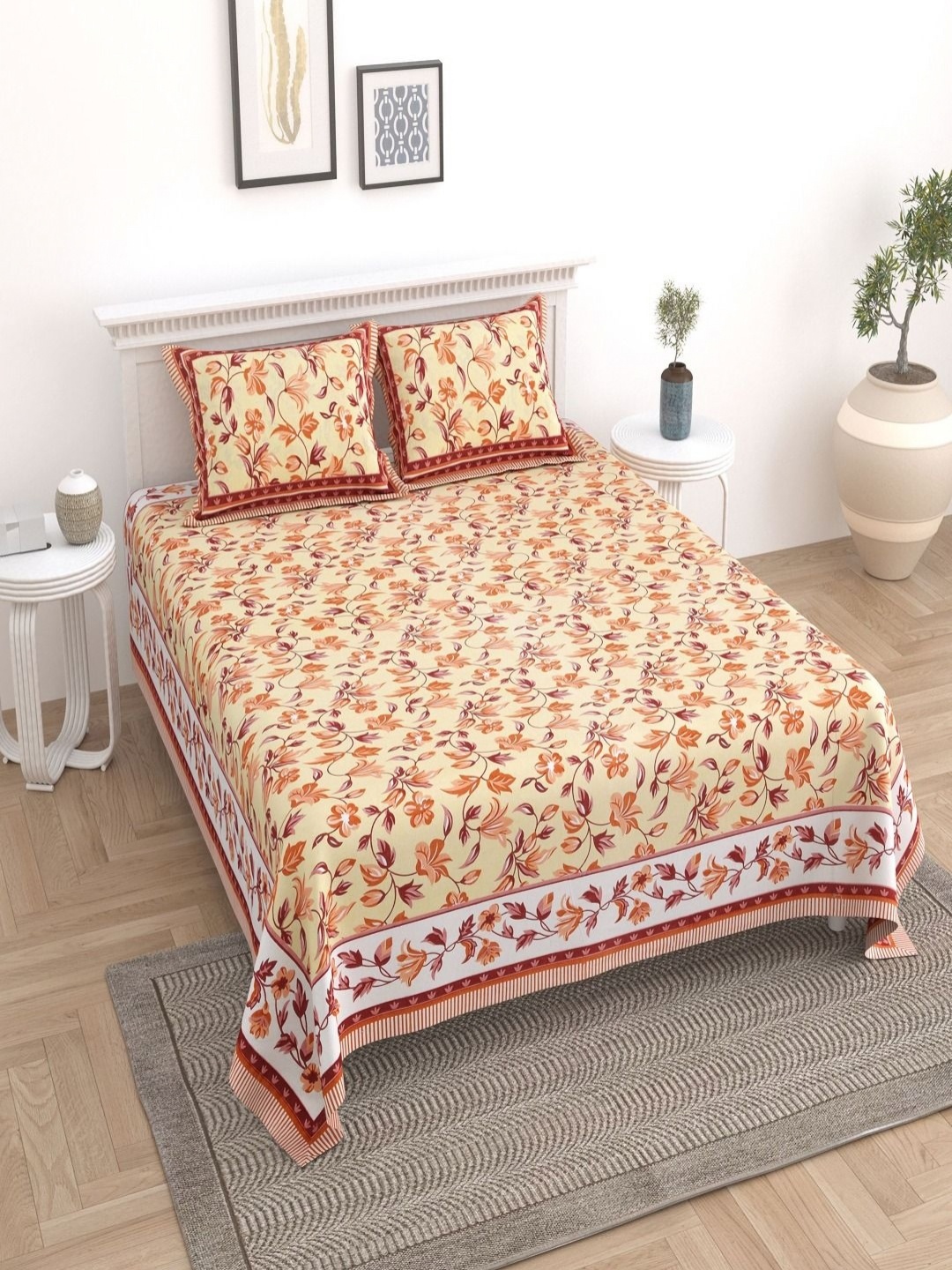 

Myntra Elegant Homes Brown Floral Pure Cotton 180 TC King Bedsheet Set- 2.74m x 2.54 m