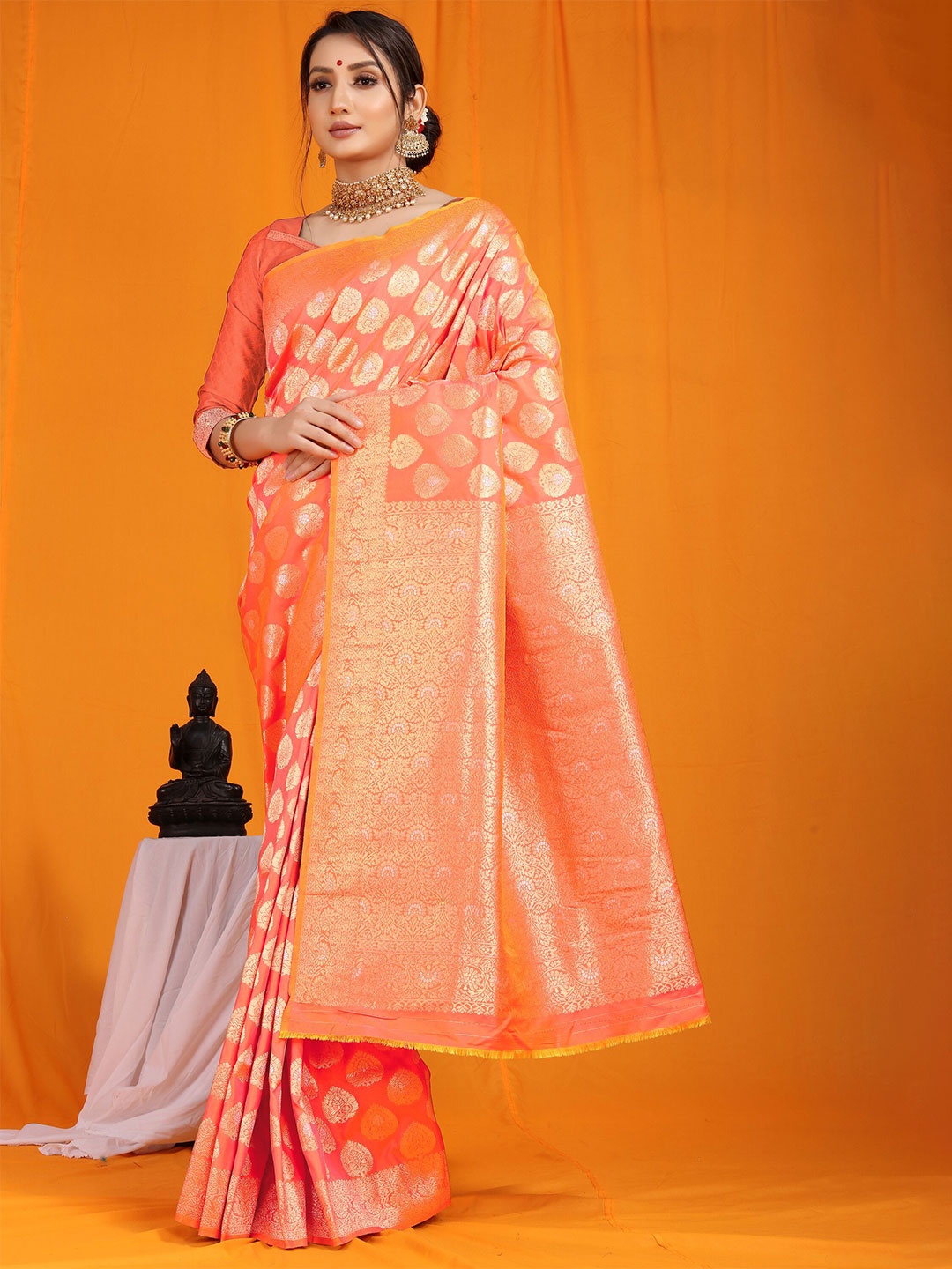 

amirat Woven Design Zari Pure Silk Banarasi Saree, Orange