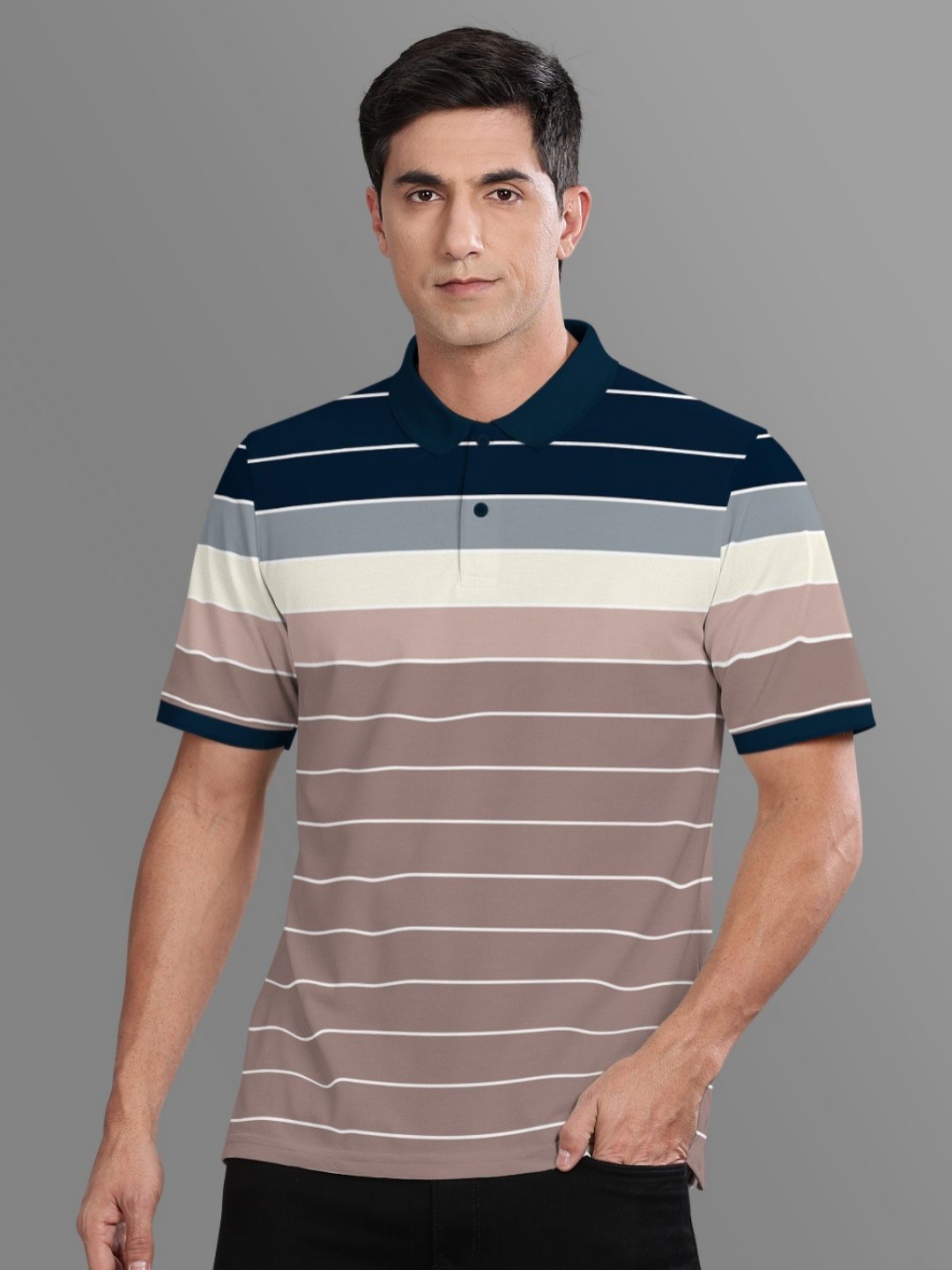 

BULLMER Men Striped Polo Collar Cotton T-shirt, Brown