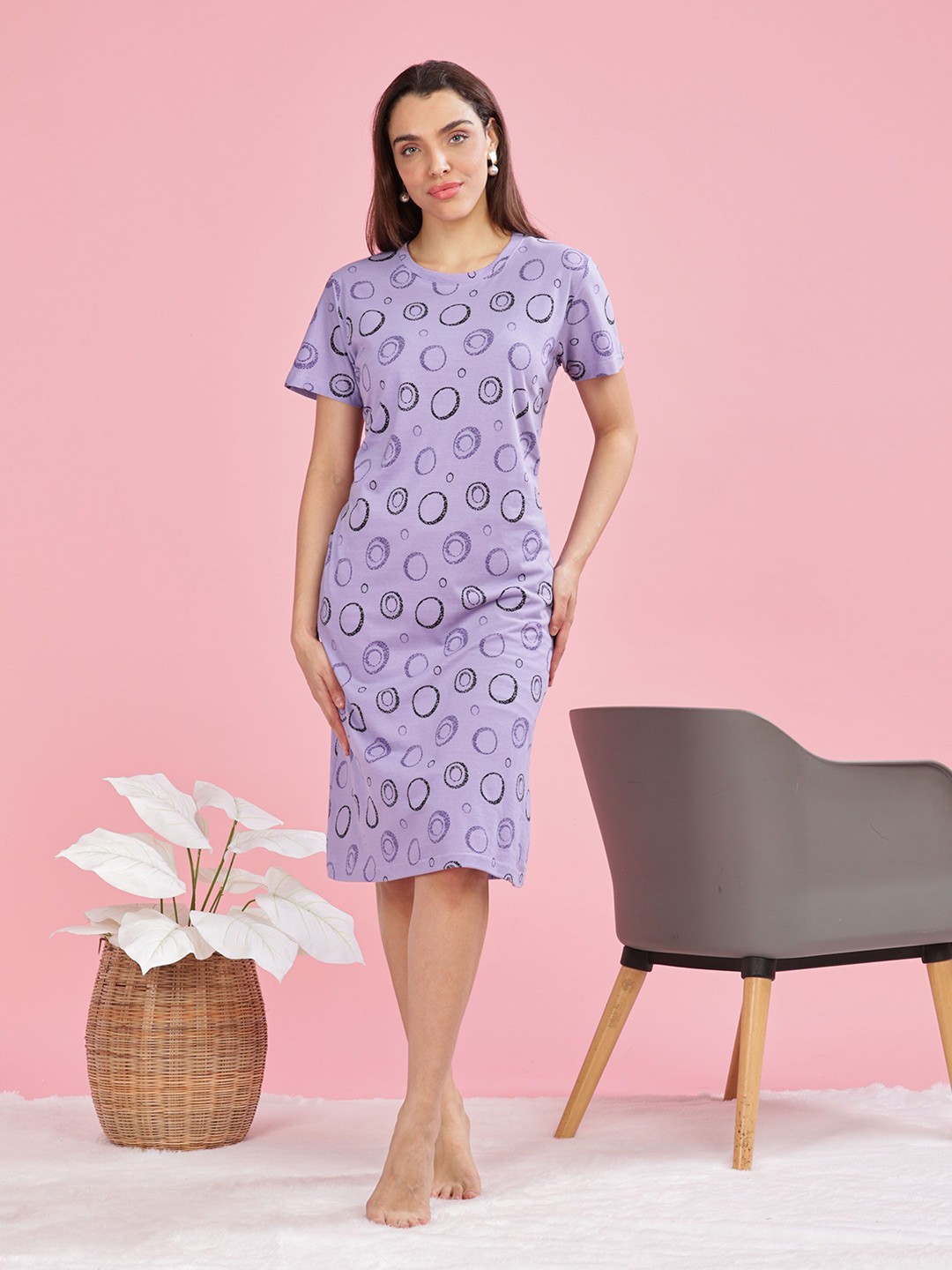 

9shines Label Women Printed Pure Cotton T-shirt Nightdress, Lavender