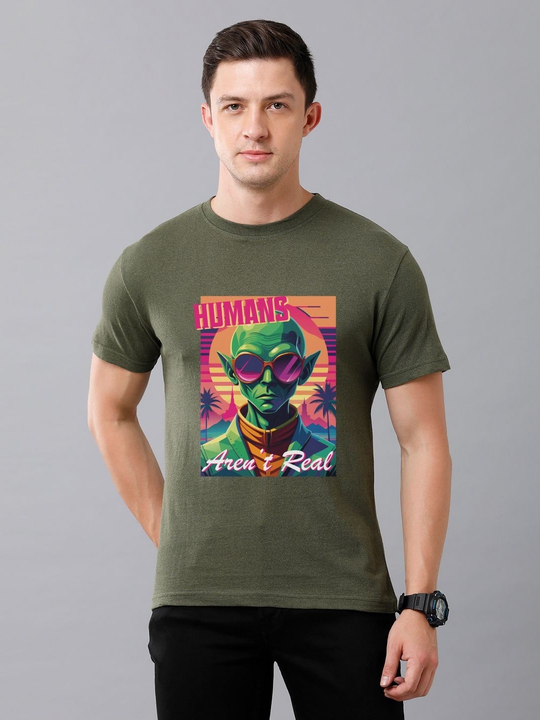 

Moda Rapido Men Graphic Printed Round Neck Cotton T-shirt, Olive