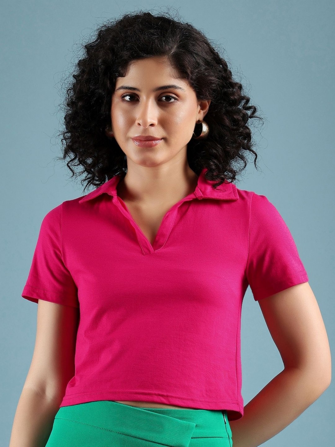 

DressBerry Women Solid Polo Collar Cotton Boxy T-shirt, Fuchsia