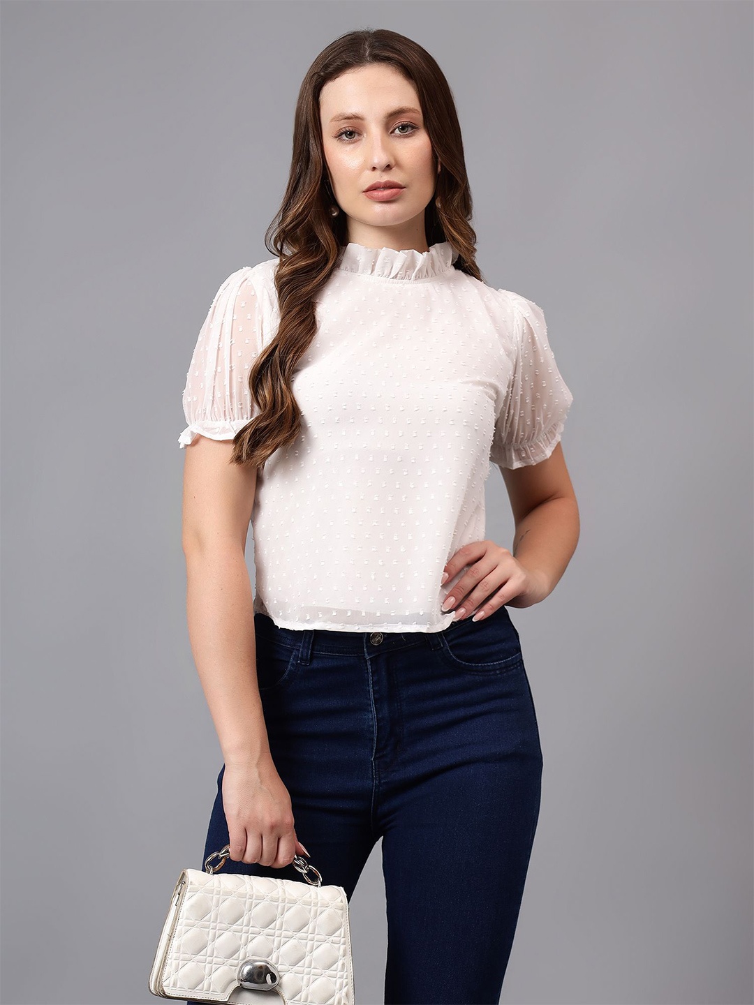 

BAESD Women Puff Sleeve Georgette Top, White