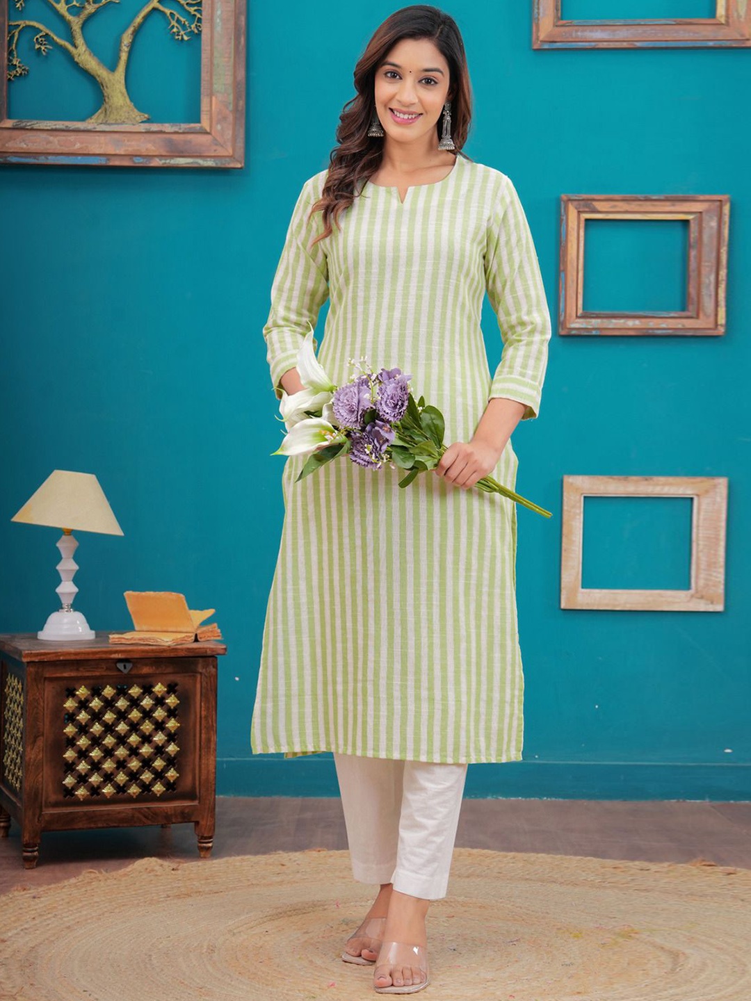 

Sarai Striped Notch-Neck Cotton Straight Kurta, Green