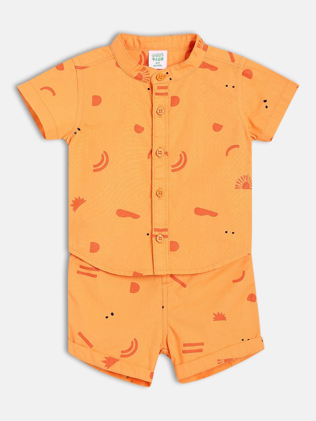 

MINI KLUB Boys Conversational Printed Band Collar Pure Cotton Shirt With Shorts, Orange