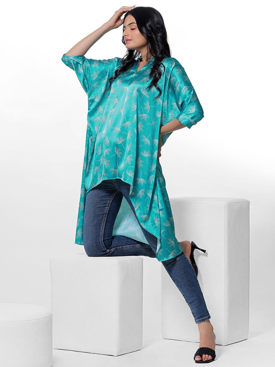 

aaRVee STUDIO Floral Print Satin Shirt Midi Dress, Teal